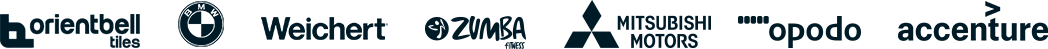 Pirsonal customer logos including BMW, Weichert, Zumba, Mitsubishi Motors, Opodo, Orientbell, and Accenture