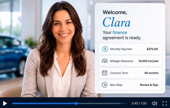 Personalized finance agreement video preview showing a customer named Clara with payment details, mileage allowance, contract term, and next step.