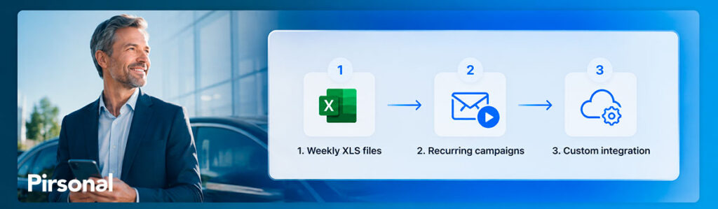 Automotive finance workflow showing the progression from weekly XLS files to recurring personalized video campaigns and custom integration.