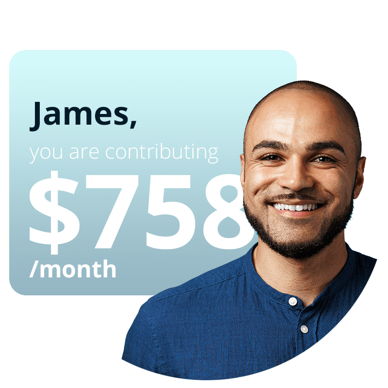 This image shows an automated personalized video with text and audio personalization for an individual customer named James. The video explains the customer's monthly contribution to a pension plan.