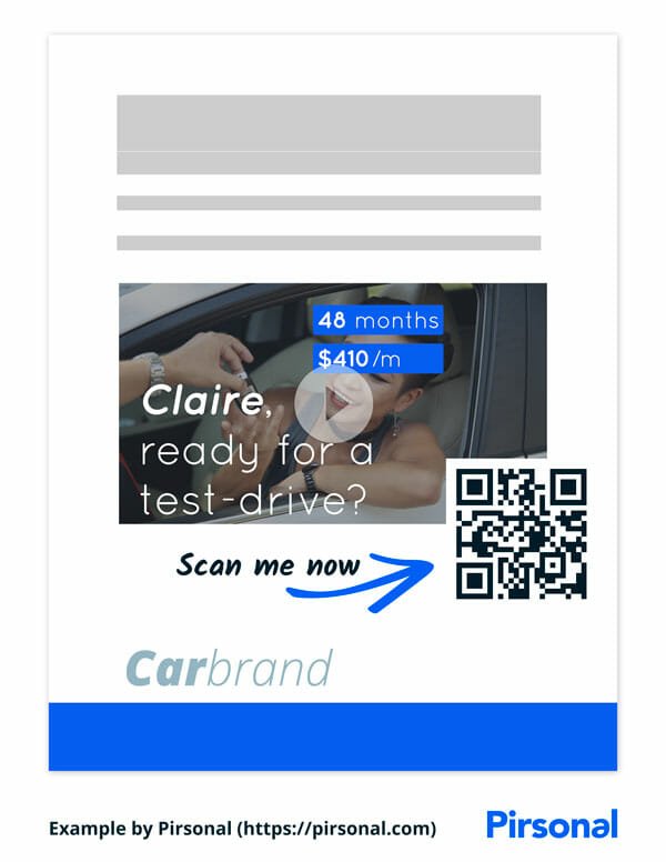 Example of a direct mail piece with a personalized video and a QR