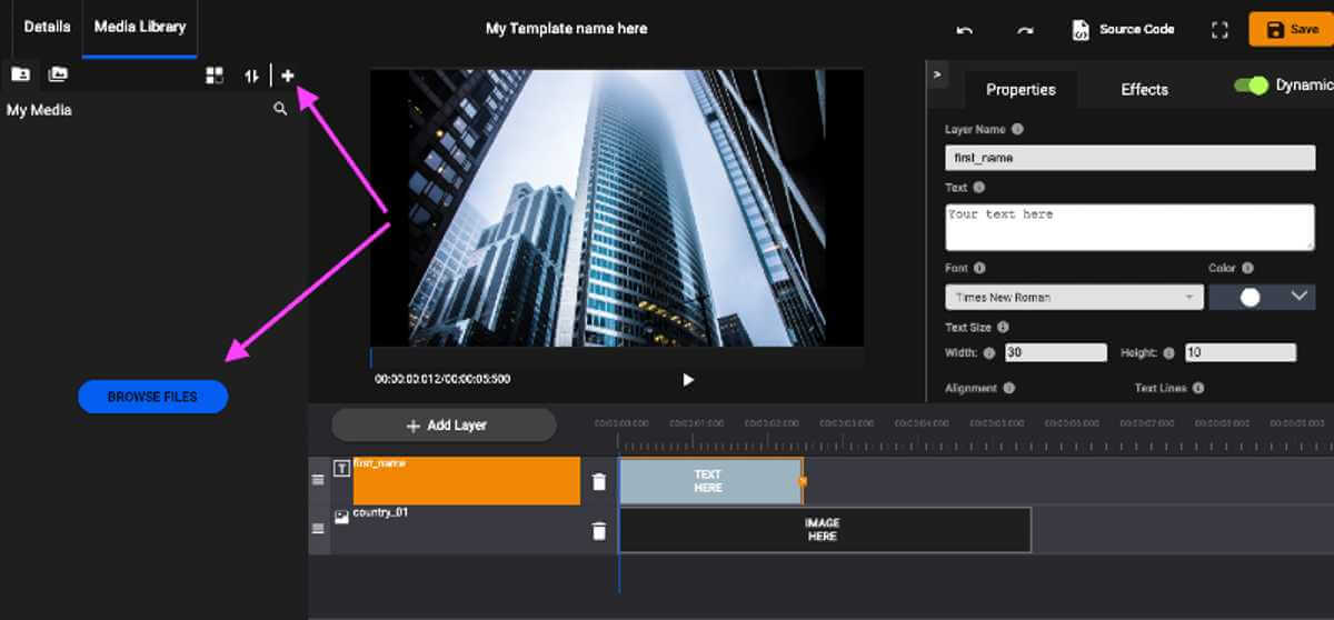 This screenshot shows how to import media assets into Pirsonal Editor to create dynamic video templates