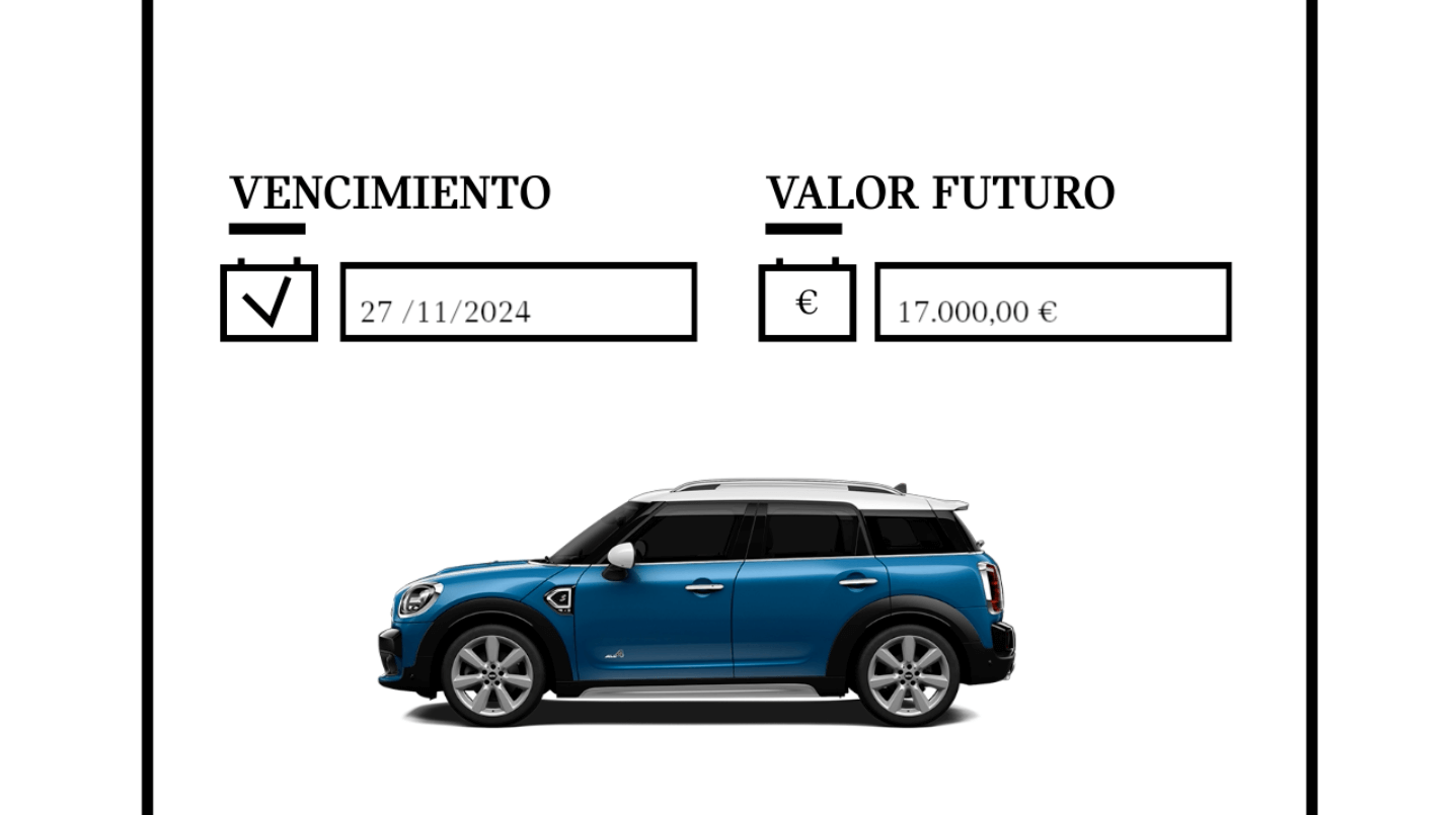 A screenshot of a personalized Mini car video showing the contract expiration date and the car's value at that time.