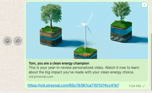 Screenshot of a WhatsApp message with a personalized video link by Pirsonal