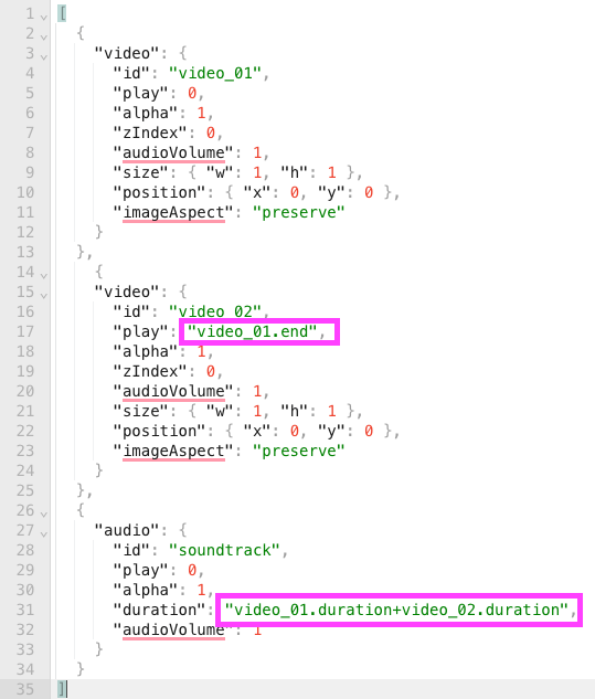 Pirsonal Script example: It shows JSON code to create a dynamic video template for user-generated content