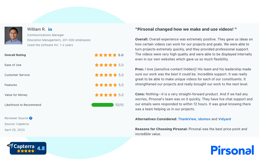 A testimonial from a client named William praising Pirsonal's personalized video software: "it is a very straight-forward product"
