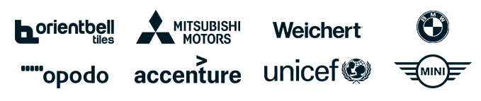 This image shows the logos of some of Pirsonal's clients including Orientbell, Mitsubishi, Weichert, BMW, Opodo, Accenture, Unicef and Mini.