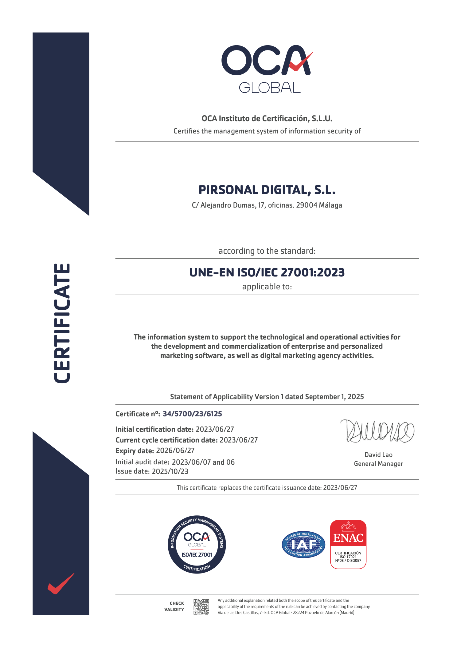 Pirsonal's ISO27001:2023 (EU) certificate