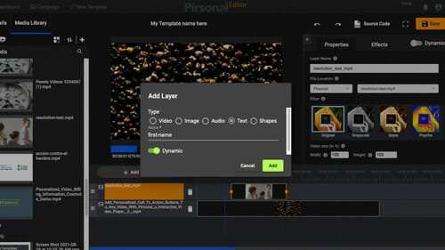 Pirsonal Editor is a video tool to create dynamic video templates for Pirsonal. Dynamic layers in videos made with Pirsonal include video, image, audio, and text..