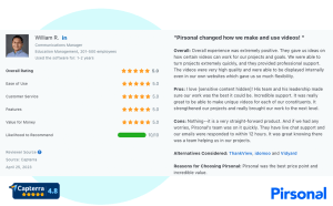 A testimonial from a client named William praising Pirsonal's personalized video software: "it is a very straight-forward product"