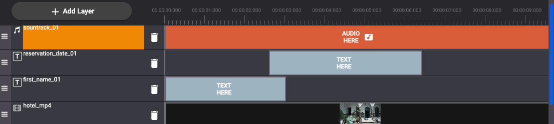 Pirsonal Editor's timeline showing two dynamic text objects, one video clip, and a soundtrack to make personalized video templates
